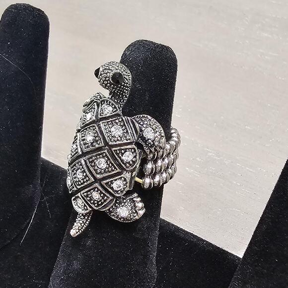 Vintage Marcasite Turtle Stretch Statemint Ring - Picture 3 of 6